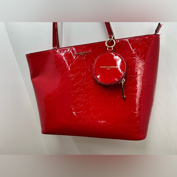 KARL LAGERFELD Red Paris Signature Shoulder Tote Bag Charm Purse Bag. - Picture 4 of 15